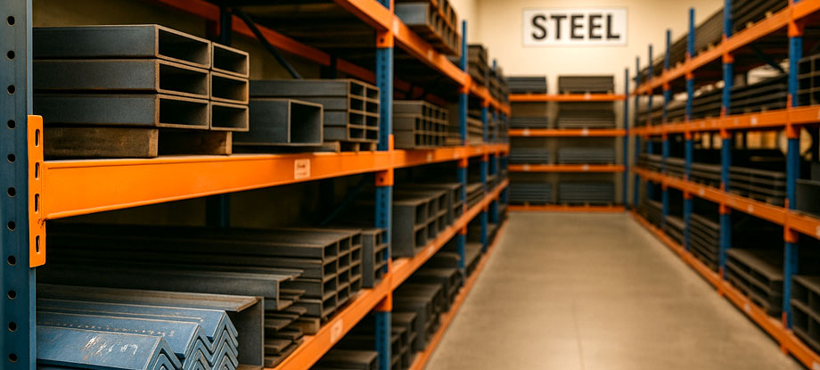 Warehouse racks with steel bars and sheet stacks in a steel yard scene