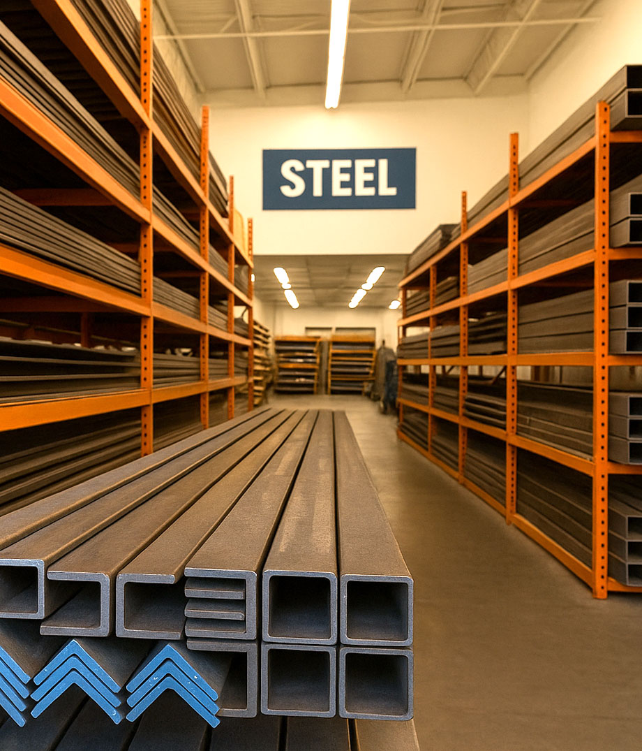 Close-up grid of stacked steel square tubing with soft reflections.