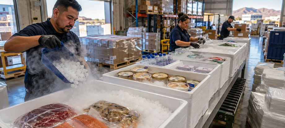 Commercial dry ice shipping facility in Phoenix Arizona featuring dry ice pellets, cold chain packaging, frozen food logistics, pharmaceutical shipping, laboratory specimen transport, and Arizona dry ice supply.