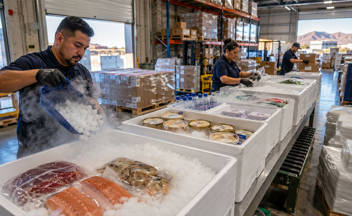 Commercial dry ice shipping facility in Phoenix Arizona featuring dry ice pellets, cold chain packaging, frozen food logistics, pharmaceutical shipping, laboratory specimen transport, and Arizona dry ice supply.